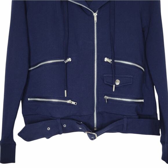 The Kooples Hooded Zip Up Biker Jacke Size Small in Navy Blue - Picture 6 of 11